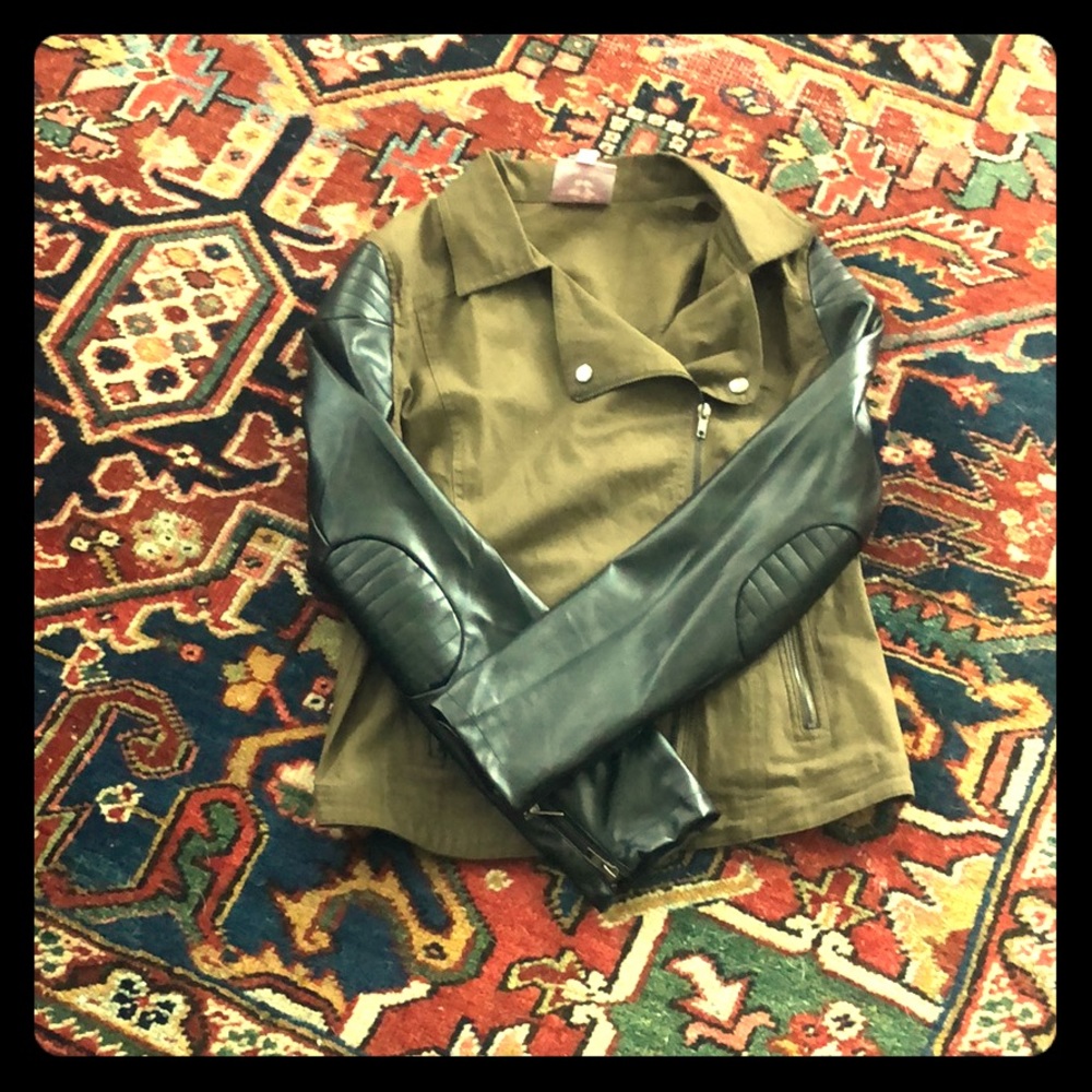 Green motorcycle style jacket vegan leather